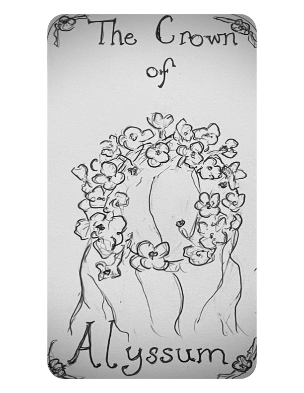 A wreath of tiny, four petaled flowers encircle the back of a long-haired soul, facing away from the viewer.